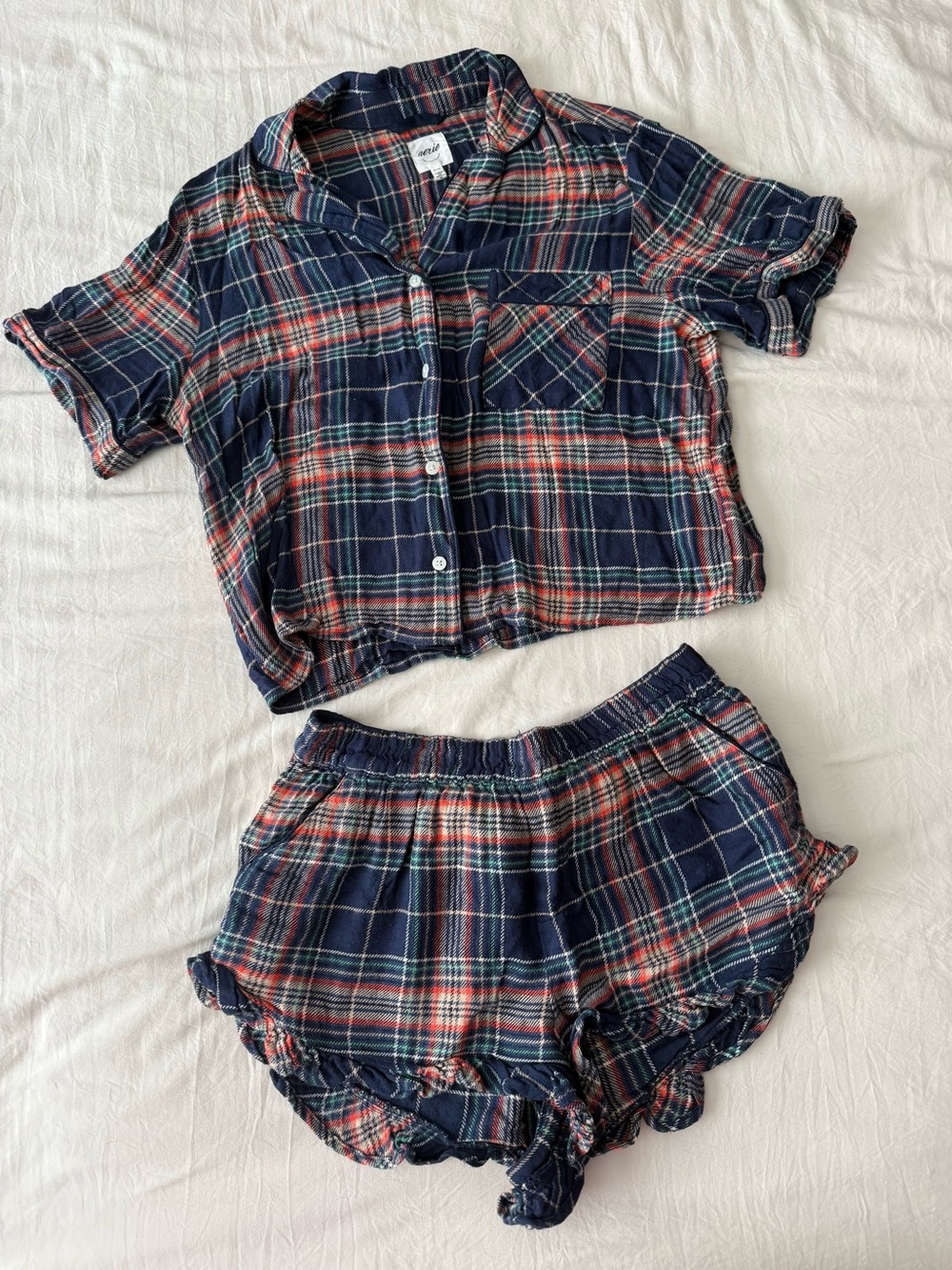 aerie Navy Plaid Short Pajama Set